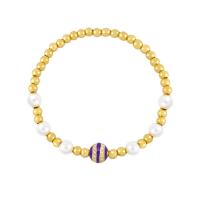 Cubic Zirconia Micro Pave Brass Bracelet, with Freshwater Pearl, Round, 18K gold plated, micro pave cubic zirconia & for woman & enamel .7 Inch 