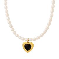 Natural Freshwater Pearl Necklace, with Titanium Steel & Cats Eye, with 3.15inch extender chain, fashion jewelry & for woman, 13*13mm,5mm Approx 14.96 Inch 