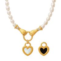 Natural Freshwater Pearl Necklace, with Titanium Steel & Shell, with 1.97inch extender chain, Heart, Vacuum Ion Plating, fashion jewelry & for woman & with cubic zirconia, golden, 18*14mm,5mm Approx 17.72 Inch 