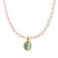 Natural Freshwater Pearl Necklace, with Titanium Steel & Cats Eye, with 3.15inch extender chain, Vacuum Ion Plating, fashion jewelry & for woman, golden, 9*14mm,4mm Approx 14.96 Inch 
