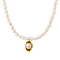 Natural Freshwater Pearl Necklace, with Titanium Steel, with 2.76inch extender chain, Vacuum Ion Plating, fashion jewelry & for woman, golden, 10*15mm,5mm Approx 13.78 Inch 