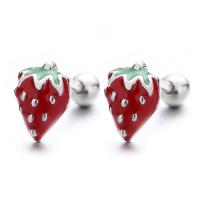 Sterling Silver Stud Earring, 925 Sterling Silver, Strawberry, plated & for woman & enamel 