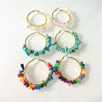 Brass Hoop Earring, with Natural Gravel & turquoise, 18K gold plated, Bohemian style & for woman 36mm 