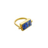 Gemstone Brass Finger Ring, with Lapis Lazuli & Tiger Eye, Rectangle, 18K gold plated, Unisex US Ring 