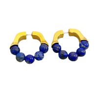 Brass Hoop Earring, with Lapis Lazuli & pearl & Tiger Eye, 18K gold plated, for woman 