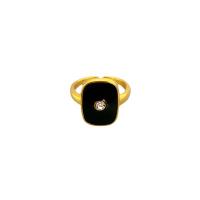 Rhinestone Brass Finger Ring, Square, 18K gold plated, Adjustable & for woman & enamel & with rhinestone, black, Inner Approx 17mm 