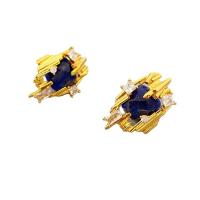 Rhinestone Brass Stud Earring, with Sodalite, 18K gold plated, for woman & with rhinestone, blue 
