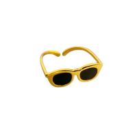 Anillo de dedo de latón, metal, Gafas, chapado en oro de 18 K, Ajustable & unisexo & esmalte, Negro, tamaño:5, Vendido por UD