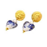 Freshwater Pearl Brass Earring, with pearl & Lampwork, Heart, 18K gold plated, for woman 