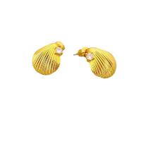 Rhinestone Brass Stud Earring, Shell, 18K gold plated, for woman & with rhinestone 
