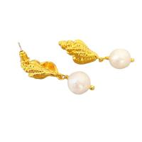 Freshwater Pearl Brass Earring, with Freshwater Pearl, Conch, 18K gold plated, for woman, white, 29.5mm 