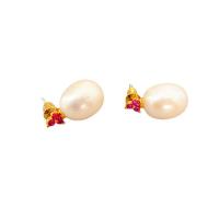 Freshwater Pearl Brass Earring, with Freshwater Pearl, Oval, 18K gold plated, for woman & with rhinestone, white 