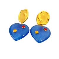 Gemstone Drop Earring, Brass, with White Chalcedony, Heart, 18K gold plated, dyed & for woman, blue 