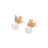 South Sea Shell Stud Earrings, Brass, with Shell Pearl, Swan, plated & micro pave cubic zirconia & for woman 