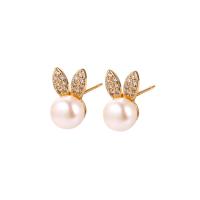 Freshwater Pearl Brass Earring, with Freshwater Pearl, Rabbit, plated & micro pave cubic zirconia & for woman 11.6mm 