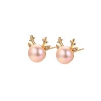 Freshwater Pearl Brass Earring, with Freshwater Pearl, Deer, plated & micro pave cubic zirconia & for woman 