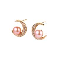 Freshwater Pearl Brass Earring, with Freshwater Pearl, Moon, plated & micro pave cubic zirconia & for woman 14.8mm 