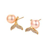 Freshwater Pearl Brass Earring, with Freshwater Pearl, Mermaid, plated & micro pave cubic zirconia & for woman 