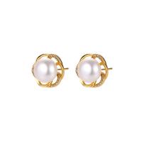 Freshwater Pearl Brass Earring, with Freshwater Pearl, Flower, plated & micro pave cubic zirconia & for woman 14mm 