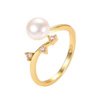 Pearl Brass Finger Ring, with Freshwater Pearl, plated & micro pave cubic zirconia & for woman 