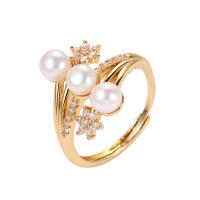 Pearl Brass Finger Ring, with Freshwater Pearl, plated & micro pave cubic zirconia & for woman 17mm 