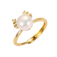 Pearl Brass Finger Ring, with Freshwater Pearl, plated & micro pave cubic zirconia & for woman 17mm 