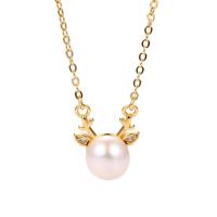 Freshwater Pearl Brass Necklace, with Freshwater Pearl, with 1.96 inch extender chain, Deer, plated & micro pave cubic zirconia & for woman Approx 15.74 Inch 