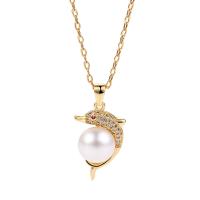 Cultured Freshwater Pearl Brass Pendant, with Freshwater Pearl, Dolphin, plated & micro pave cubic zirconia & for woman 