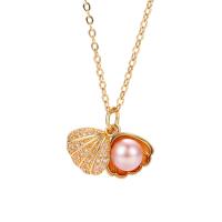 Freshwater Pearl Brass Necklace, with Freshwater Pearl, Shell, plated & micro pave cubic zirconia & for woman 