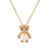Cultured Freshwater Pearl Brass Pendant, with Freshwater Pearl, Bear, plated & micro pave cubic zirconia & for woman 