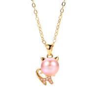 Cultured Freshwater Pearl Brass Pendant, with Freshwater Pearl, Cat, plated & micro pave cubic zirconia & for woman 