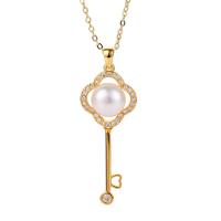 Cultured Freshwater Pearl Brass Pendant, with Freshwater Pearl, Key, plated & micro pave cubic zirconia & for woman 