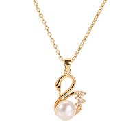 Cultured Freshwater Pearl Brass Pendant, with Freshwater Pearl, Swan, plated & micro pave cubic zirconia & for woman 