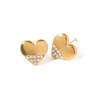 Stainless Steel Rhinestone Stud Earring, 304 Stainless Steel, Heart, Vacuum Plating, fashion jewelry & for woman & with rhinestone, golden 