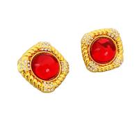 Rhinestone Brass Stud Earring, with Crystal, Square, 18K gold plated, for woman & with rhinestone, red, 20mm 