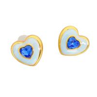 Rhinestone Brass Stud Earring, Heart, 18K gold plated, for woman & enamel & with rhinestone 