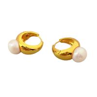 Brass Hoop Earring, with Freshwater Pearl, Round, 18K gold plated, for woman, white 