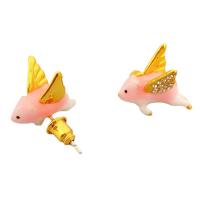 Rhinestone Brass Stud Earring, Pig, 18K gold plated, for woman & enamel & with rhinestone, pink, 15.6mm 