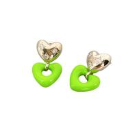 Brass Drop Earring, Heart, silver color plated, for woman & enamel & with rhinestone & hollow, green 