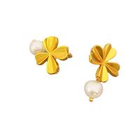 Freshwater Pearl Brass Earring, with Freshwater Pearl, Four Leaf Clover, 18K gold plated, for woman, white 