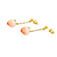 Brass Drop Earring, Peach, 18K gold plated, for woman & enamel, pink 