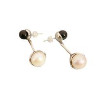 Freshwater Pearl Brass Earring, with Black Agate & Freshwater Pearl, Round, platinum plated, for woman, white and black, 38mm 