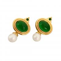 Brass Drop Earring, with Emerald & Mabe Pearl, Round, 18K gold plated, for woman, mixed colors 