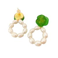 Süßwasser Perle Tropfen Ohrring, Messing, mit Natürliche kultivierte Süßwasserperlen & Acryl, Rose, 18 K vergoldet, für Frau, keine, 25x43mm, verkauft von Paar