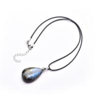 Labradorite Necklace, with leather cord & Zinc Alloy, Teardrop, silver color plated, Unisex, 30-40mm .75 Inch 