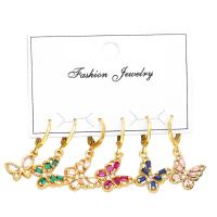 Cubic Zirconia Micro Pave Brass Earring, Butterfly, 18K gold plated, 6 pieces & micro pave cubic zirconia & for woman, mixed colors 