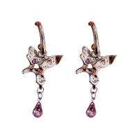 Zinc Alloy Rhinestone Drop Earring, with Glass Rhinestone, Butterfly, silver color plated, fashion jewelry & for woman, silver color 