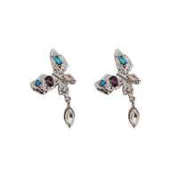 Zinc Alloy Rhinestone Drop Earring, with Glass Rhinestone, Butterfly, silver color plated, fashion jewelry & for woman, multi-colored 