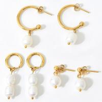 Freshwater Pearl Drop Earring, Titanium Steel, with Freshwater Pearl, Vacuum Ion Plating & for woman, gold 