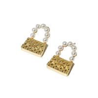 Brass Drop Earring, Handbag, gold color plated, for woman & with plastic pearl, gold, 27mm 